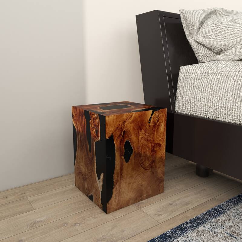 Brown Teak Wood Block Accent Table with Black Resin Inlay Bed Bath