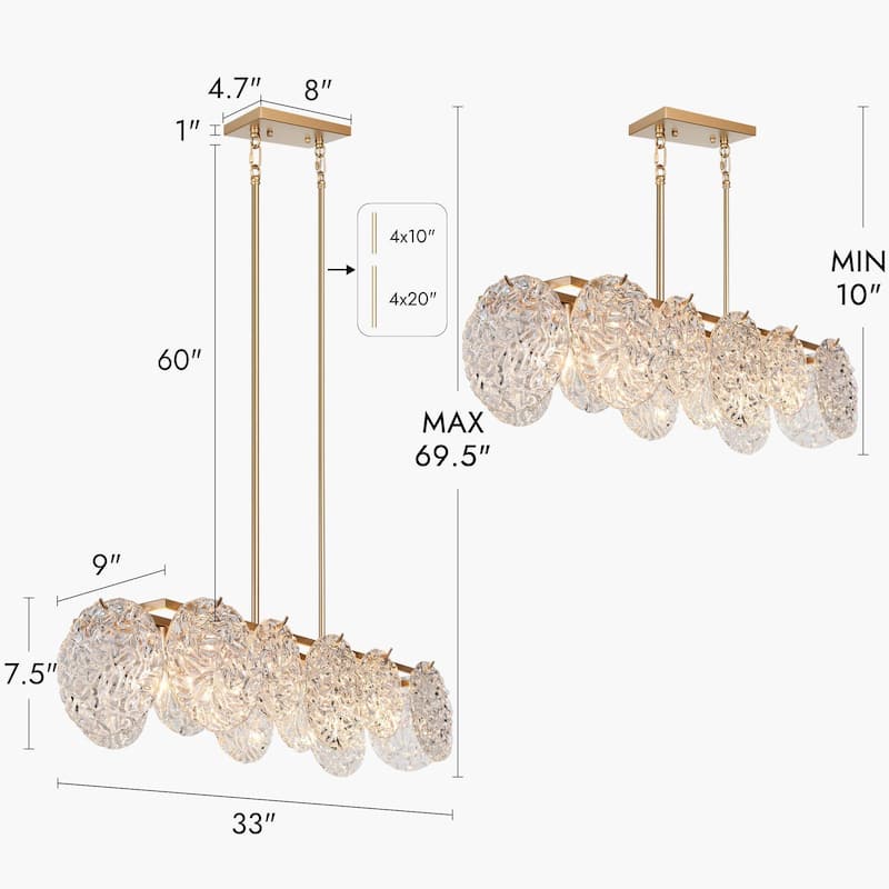 Modern Gold 5-Light 33" Rectangle Glass Chandelier Island Lights for Dining Room - 33" L x 9" W x 7.5" H