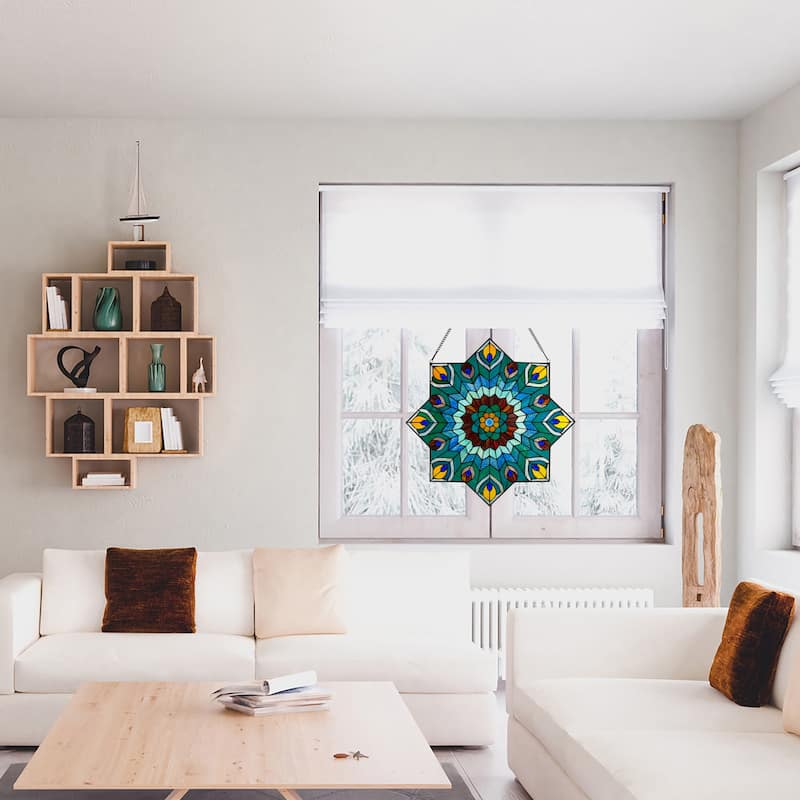 River of Goods 24-inch Tiffany-style Stained Glass Peacock Star Window Panel - 24"L x 0.25"W x 24"H