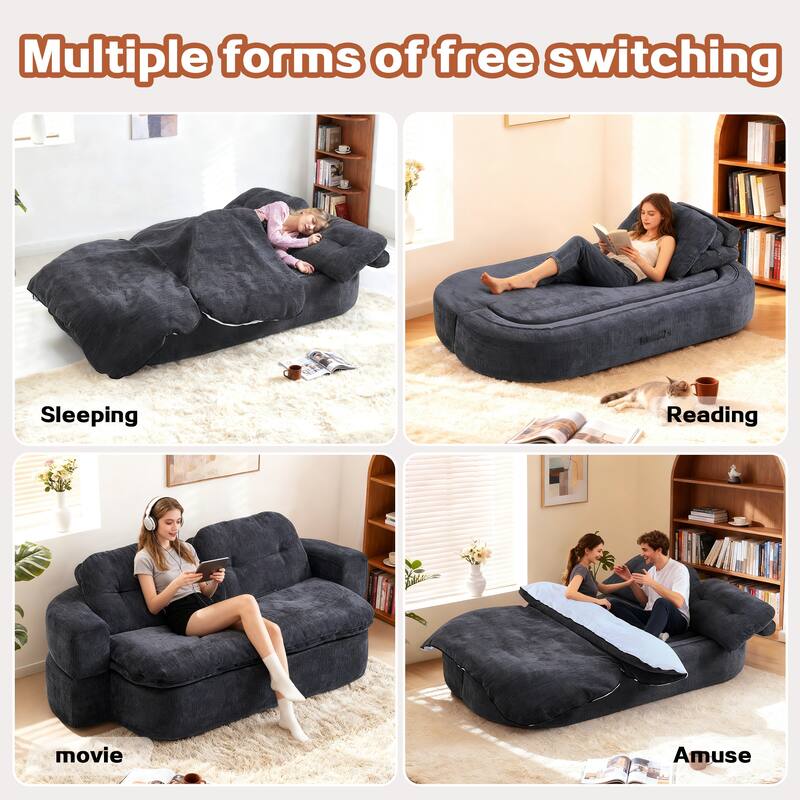 Modern Convertible Floor Sofa Bed with Pillows, Corduroy Foldable Sleeper Sofa Mattress with Built-In Quilt, No Assembly
