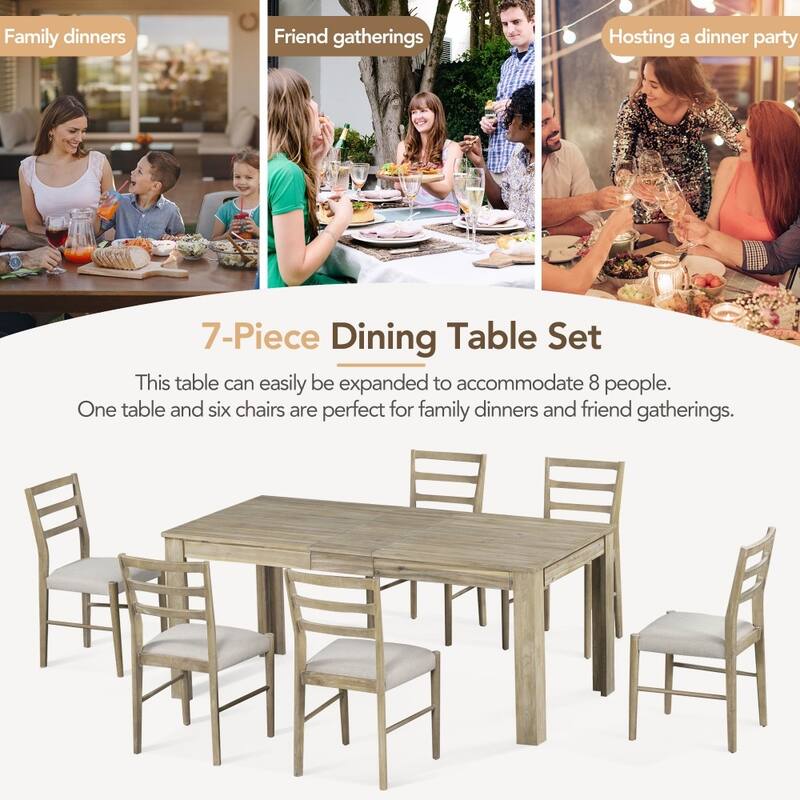 Modern 7-piece Wooden Dining Set with 12" Leaf Extendable Table and 6 Dining Chairs