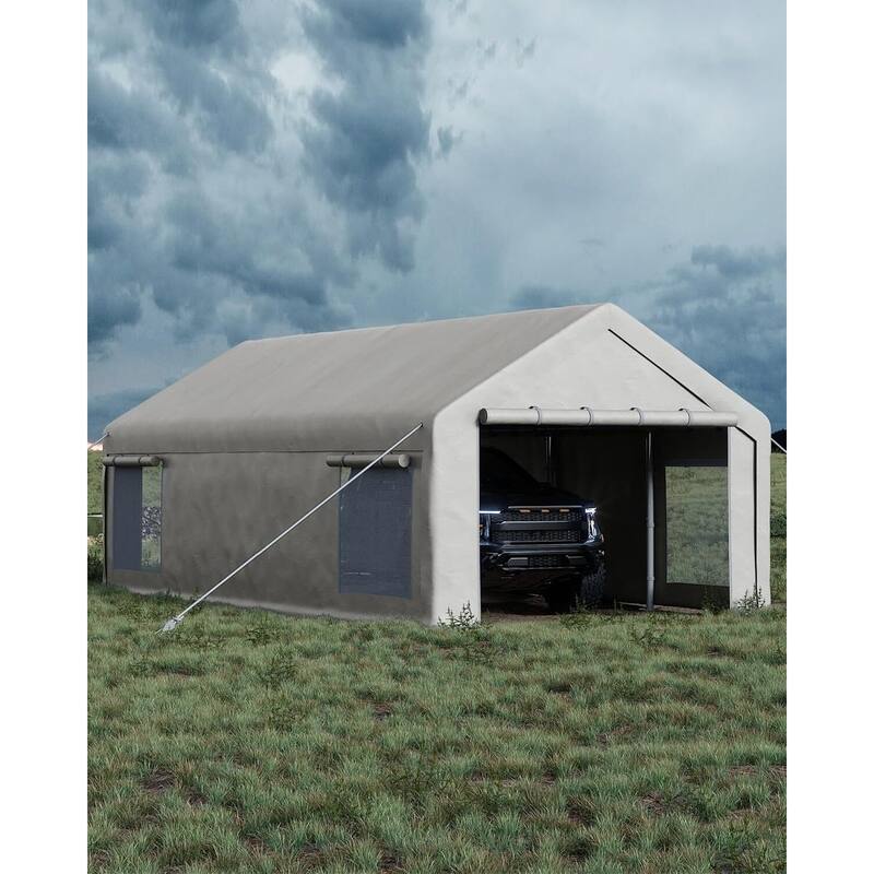 13x25 Ft Carport with 2 Roll-Up Doors, and 4 Windows for Bass Boats, Tractors, and SUVs - 13X25 Ft - White