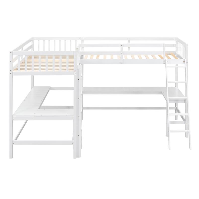 Space-Saving Twin L-Shaped Loft Bed with 2 Built-in Desks, Ladder, and Wooden Slat Support