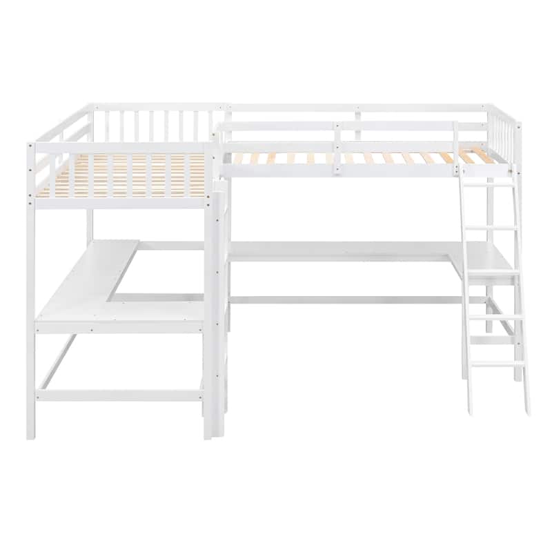 Twin Size L-Shaped Loft Bed with Ladder and 2 Built-in Desks, White