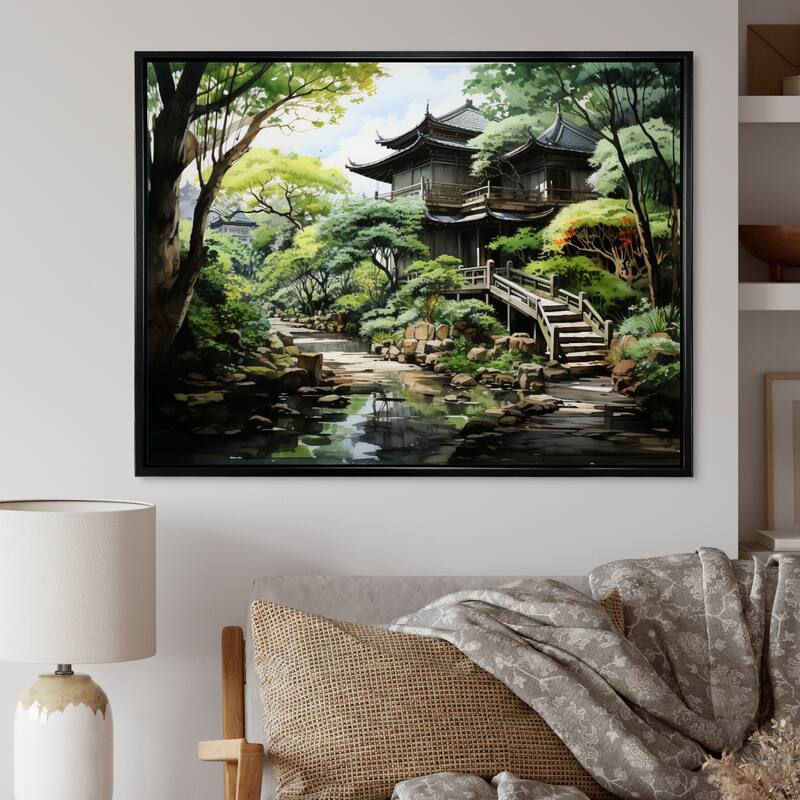 Designart "Japon Art Zen Garden Serenity I" Japanese Framed Wall Art Prints - 44 in. wide x 34 in. high - Black