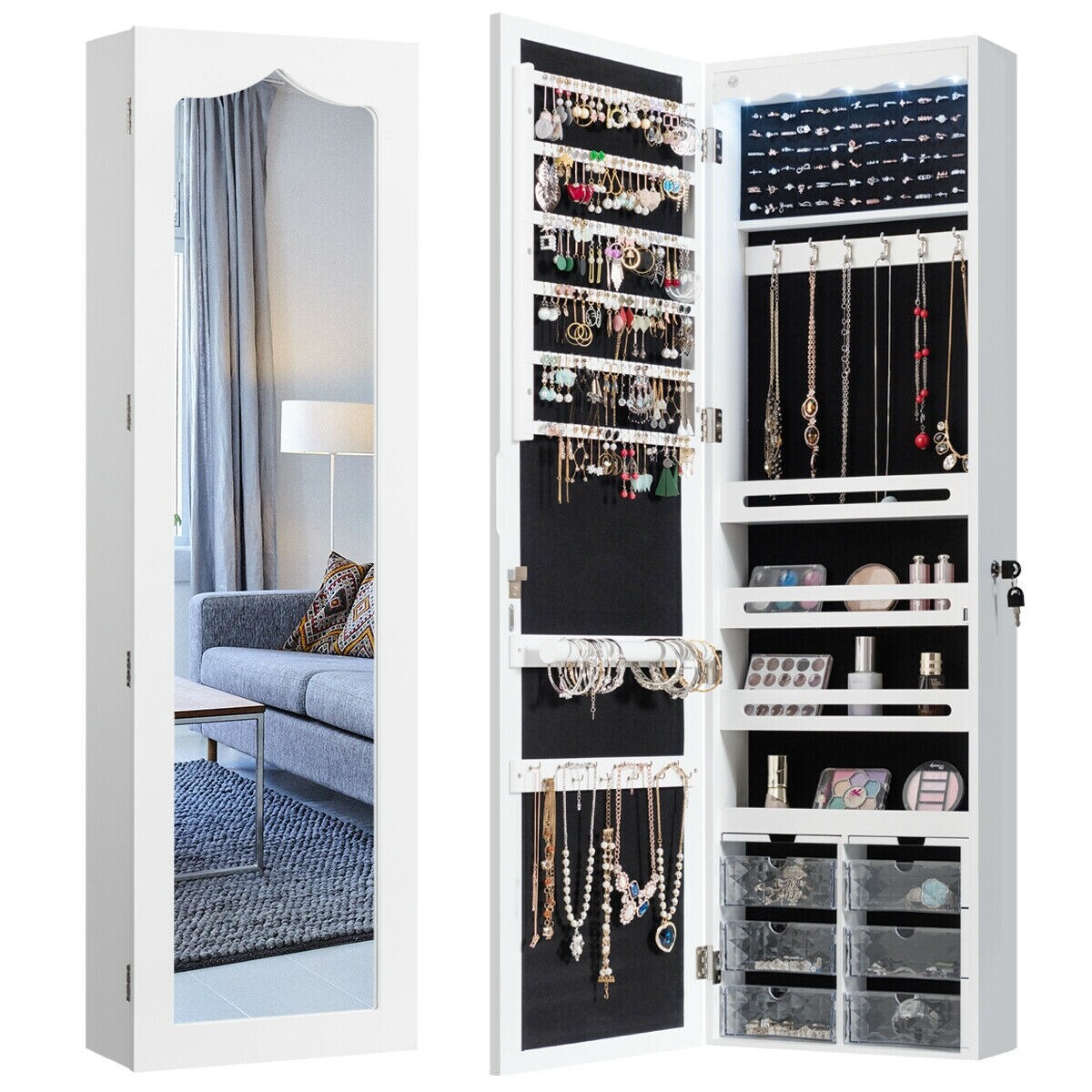 EZIGOO Wall Mounted LED Jewellery Cabinet Storage Mirror Hooks Door Hanging