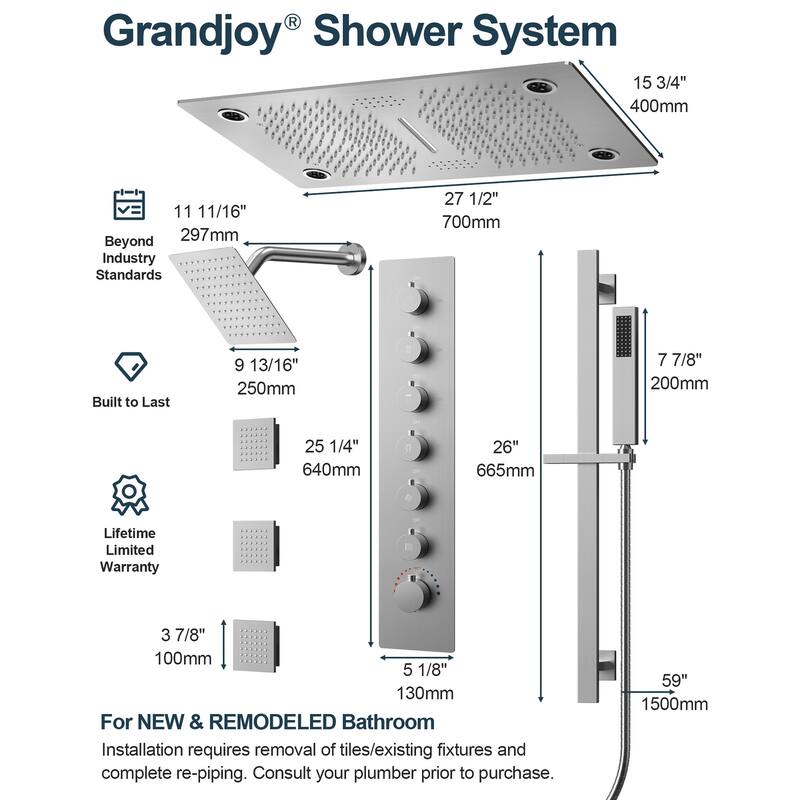 GRANDJOY LED Music Shower System 28"&6" Dual Shower Heads with 3 Body Jets