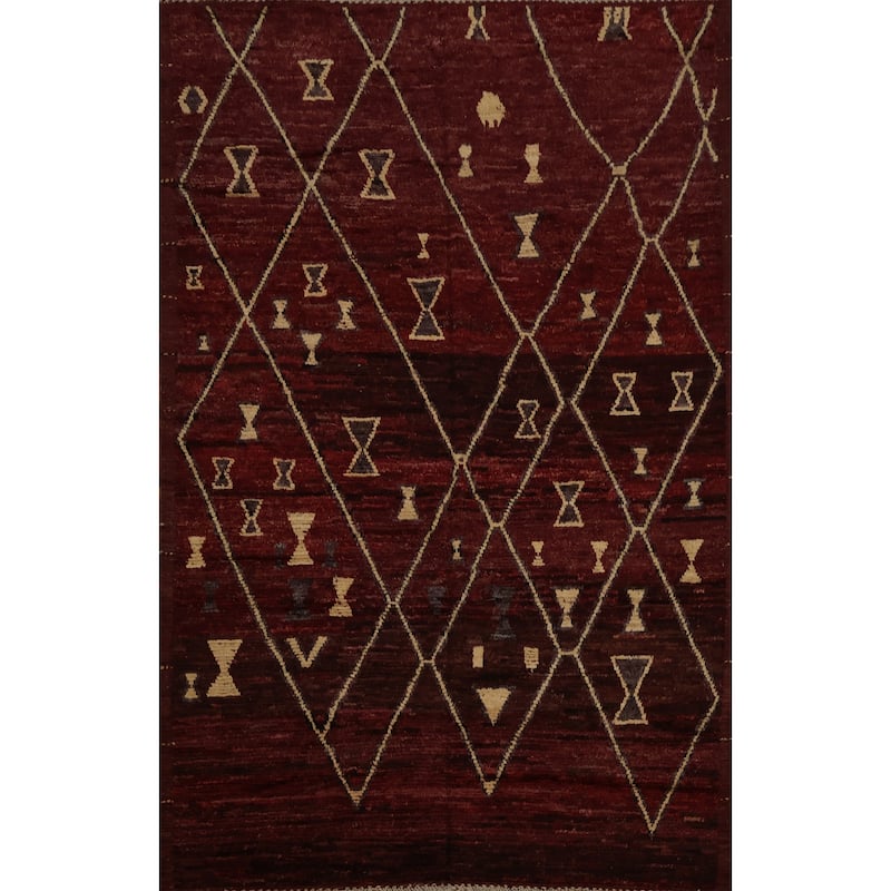 Hand Knotted Oriental 100% Wool Carpet Modern Tribal Red Moroccan Area Rug - 9' 9'' X 7' 0''