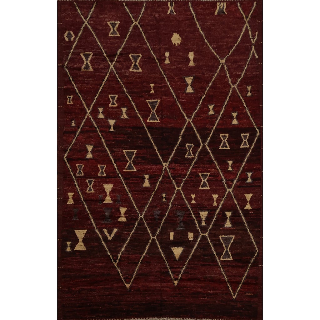 Hand Knotted Oriental 100% Wool Carpet Modern Tribal Red Moroccan Area Rug - 9' 9'' X 7' 0''