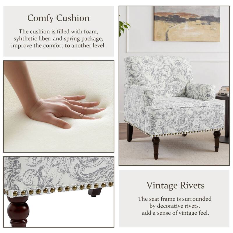 Striped Upholstered Linen Armchair with Brass Nailhead Trim