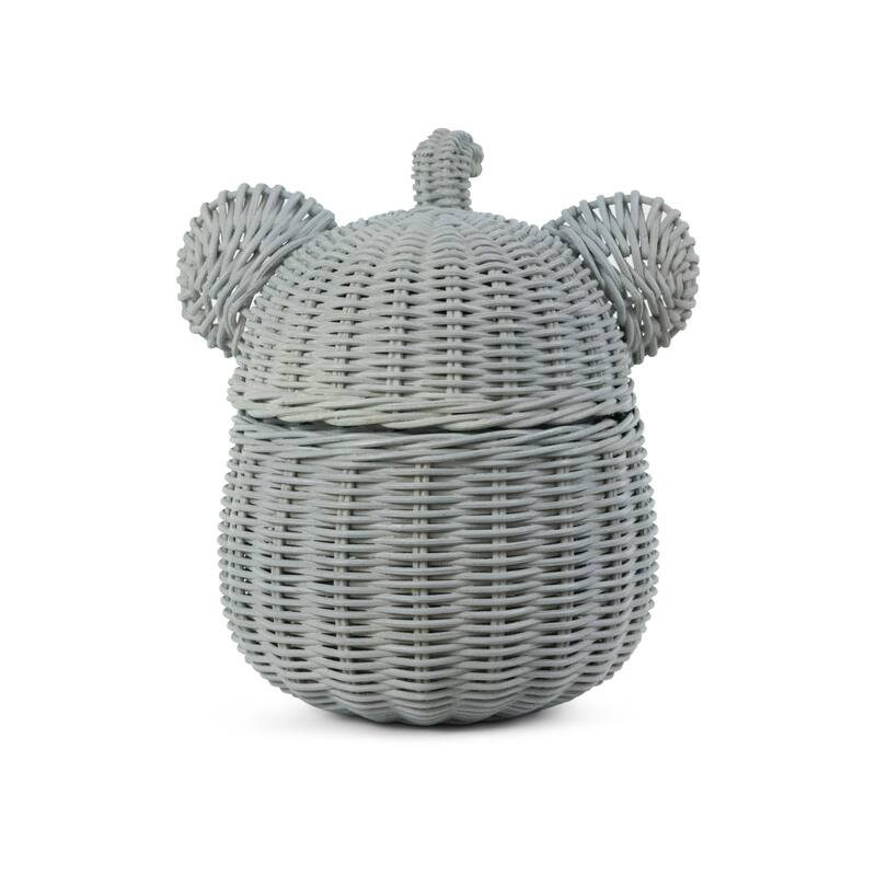 Gray Elephant Rattan Storage Basket With Lid Hand Woven Shelf Organizer Cute Handmade Gift Wicker