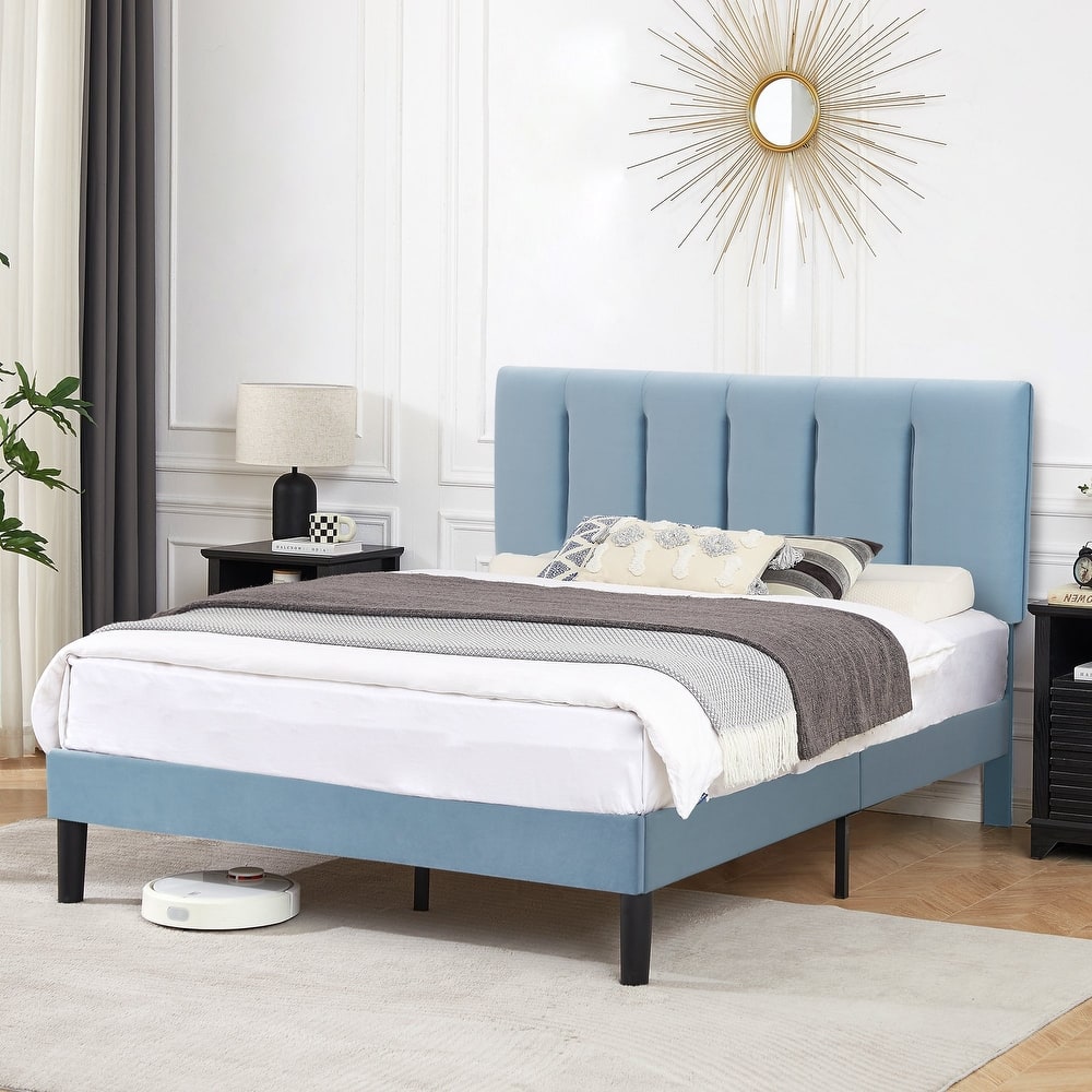 Javlergo Velvet Upholstered Platform Bed Frame with Adjustable Headboard 7.9 Inch Underbed Storage Bed Frame for Small Spaces