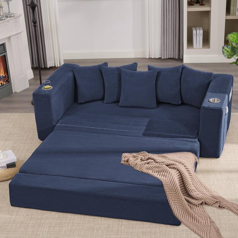 Convertible Corduroy Sleeper Loveseat Sofa Bed 3 Seater Floor Folding Couch with 5 Pillows, Cup Holders and Side Pockets