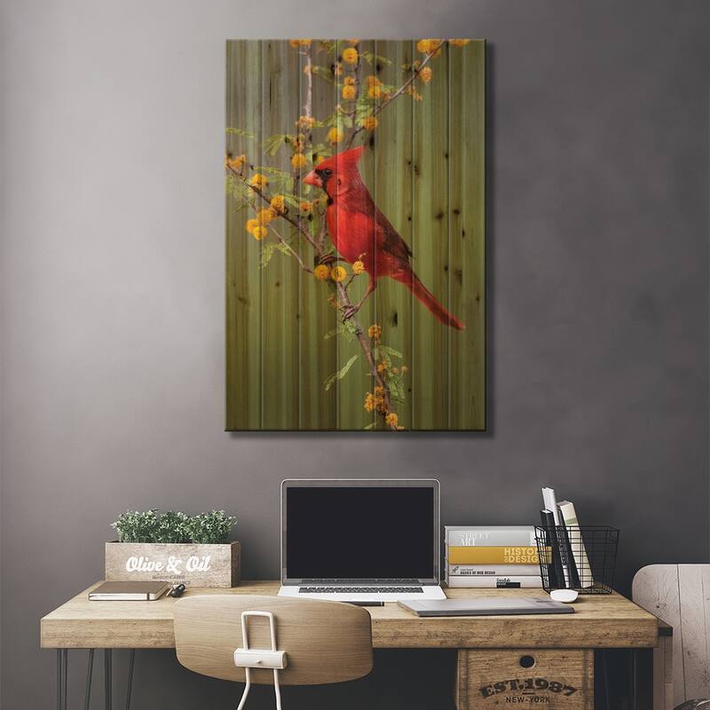 Northern cardinal perched. Print On Wood by Larry Ditto - Multi-Color