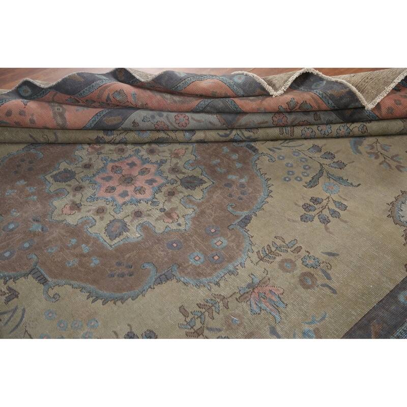 Hand Knotted Oriental 100% Wool Carpet Traditional Floral Green Tabriz Area Rug - 12' 0'' X 9' 4''