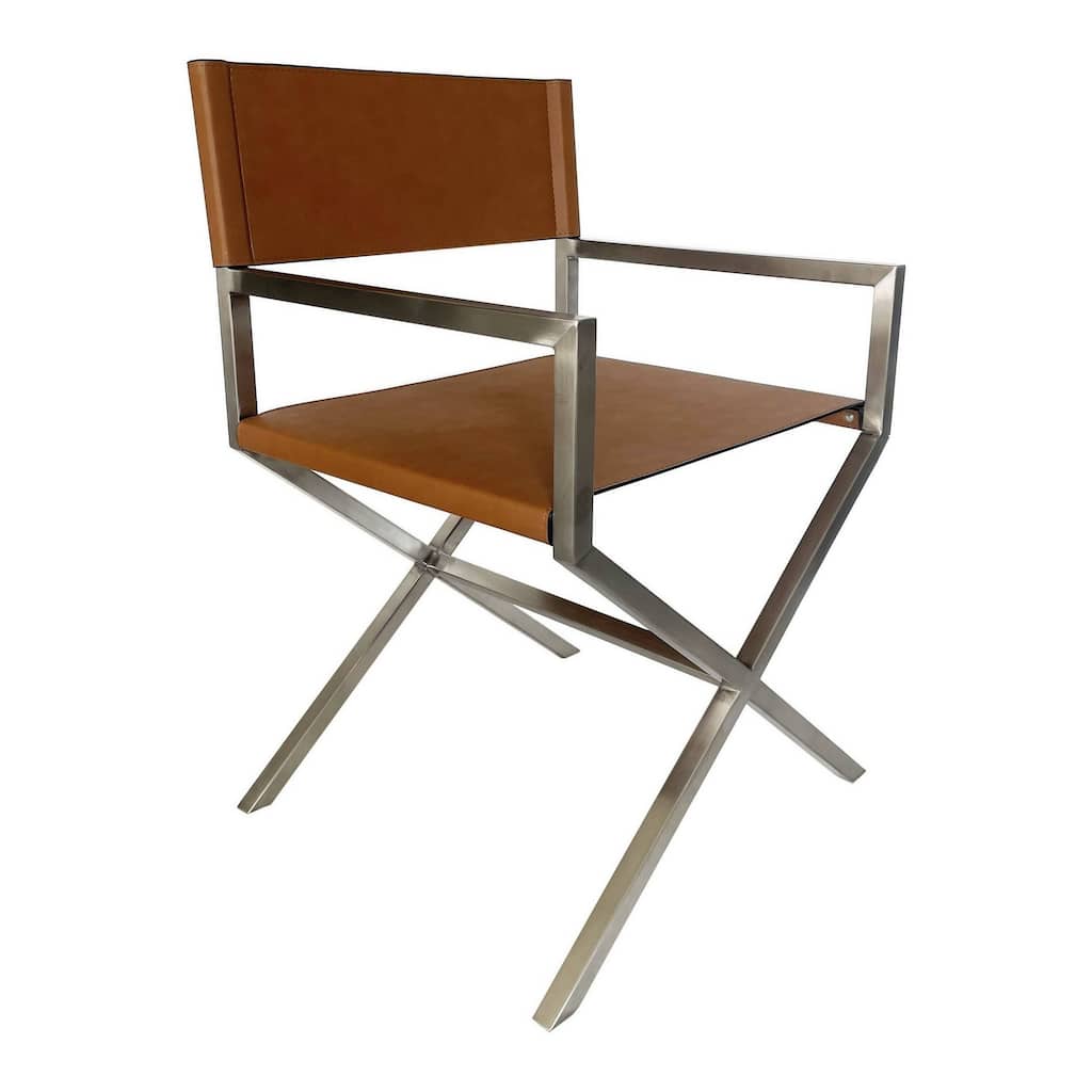 Rux Dining Chair, Smooth Brown Faux Leather, Director's Style Cross Legs