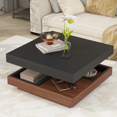 Modern Square 360°Rotating Coffee Table with Three Detachable Tray, 2-Tier Farmhouse Wood Center Table with Storage