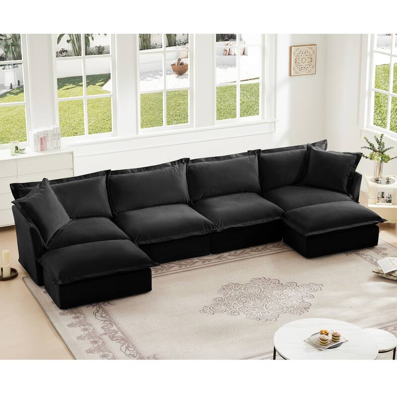 Slipcovered U Shape Sectional Wide and Deep Seat Sofa Couch, 4 Seater Sofa with French Edges Design Multiple Big Pillows