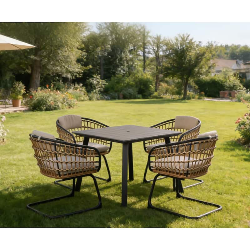 composite patio table with umbrella hole Square Patio Dining Table with Umbrella Hole,Heavy-Duty Iron Frame Wood-Plastic Composite Tabletop