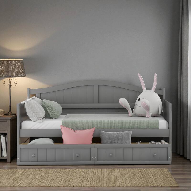 Twin Wooden Daybed with 2 Storage Drawers, Sofa Bed Frame for Bedroom or Living Room, Pine Wood Daybed with Slats - Grey - Twin