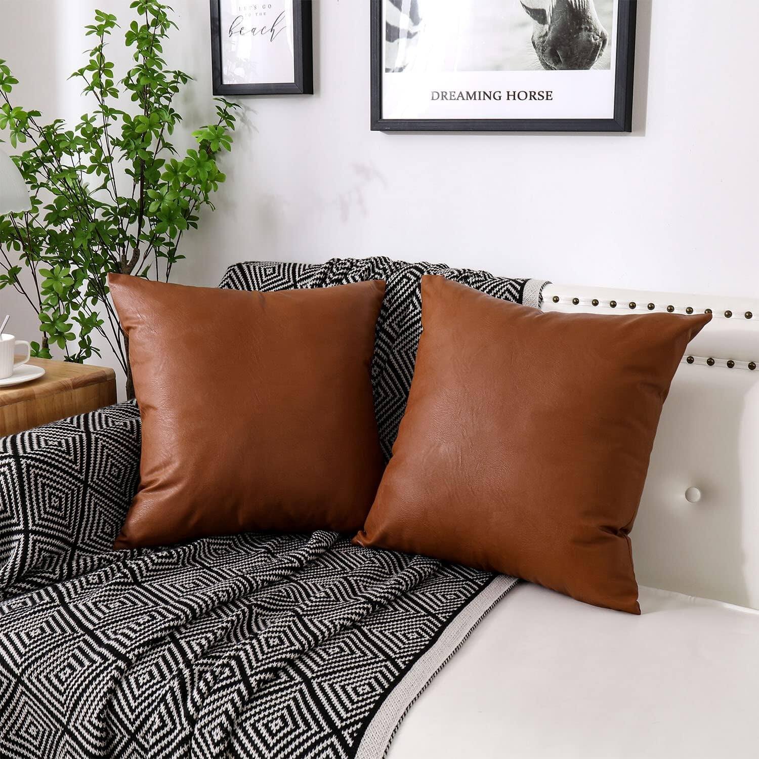 Set of 2 Faux Leather Throw Pillow Covers, Thick Cognac Modern Solid