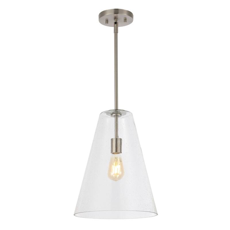 Hayes 11.5" 1-Light Mid-Century Modern Iron/Seeded Glass LED Pendant, Nickel/Clear by JONATHAN Y