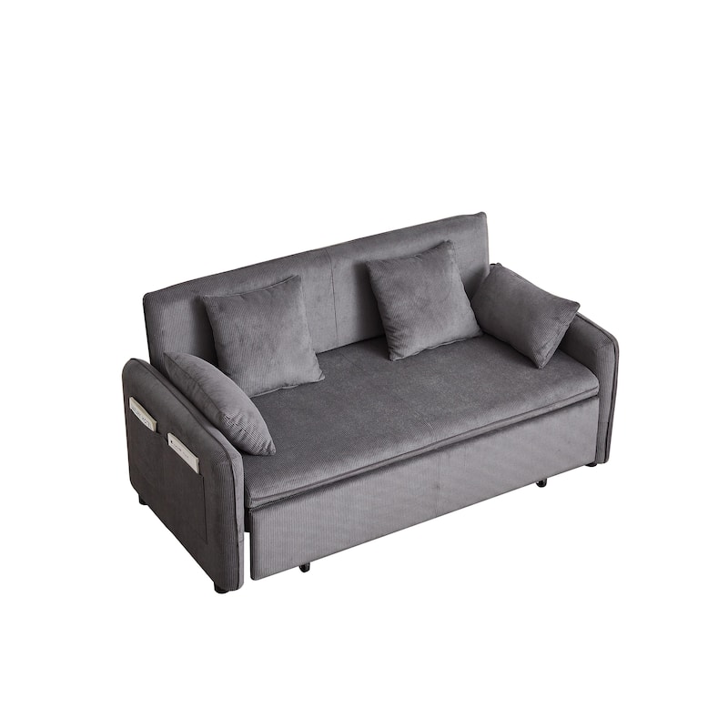 3-in-1 Pull Out Sleeper Sofa Bed, Convertible Corduroy Loveseat Couch with Casters, 4 Pillows and Side Pockets for Living Room