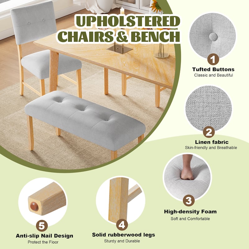 Roomfitters Upholstered Tufted Bench, 40" End of Bed Bench, Fabric Dining Bench with Wood Legs, Entryway Seating, Beige+Natural