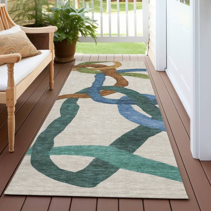 Machine Washable Indoor/ Outdoor Abstract Links Chantille Rug - Beige - 2'3" x 7'6"