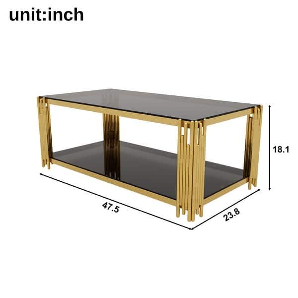dimension image slide 0 of 2, Rectangular Gold & Glass Coffee Table with 2-Tier Shelf by Harper&Bright Designs