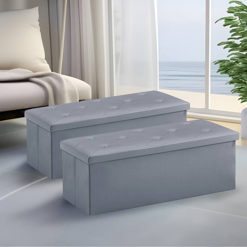 2 PC Storage Folding Ottoman, Storage Footrest Stool, Faux Leather Storage Bench Cube with Padded Seat for Small Space