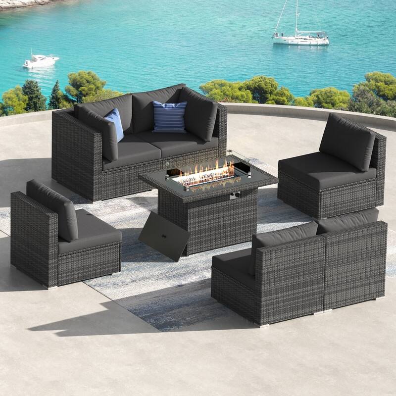 7 Piece Outdoor Sectional Modular Wicker Patio Conversation Set with 43'' Fire Pit Table and Cushion - Dark Gary