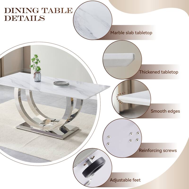 69.30 Inch Rectangular Dining Table, Modern Simple, Marble Tabletop, MDF Tabletop, Suitable For 4-6 People - Silver+White