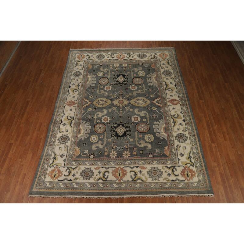 Gray Oushak Indian Area Rug Handmade Geometric Wool Carpet - 8'4" x 11'10"
