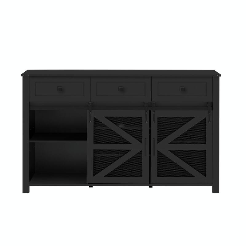 55'' Sliding Barn Door Sideboard with 3 Drawers, Particle Board & Metal Mesh Storage Cabinet