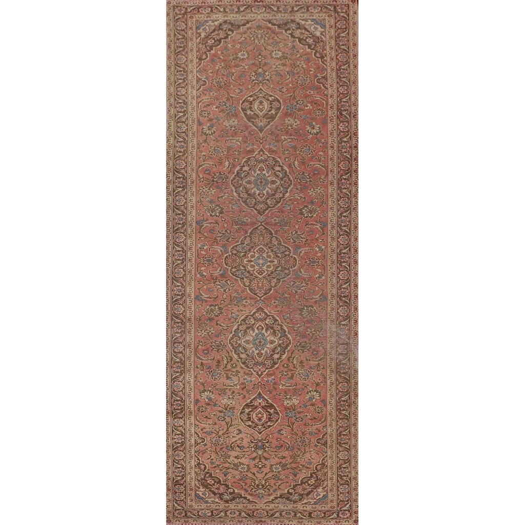 Pink Floral Kashmar Persian Vintage Runner Rug Handmade Wool Carpet - 3'11" x 13'3"