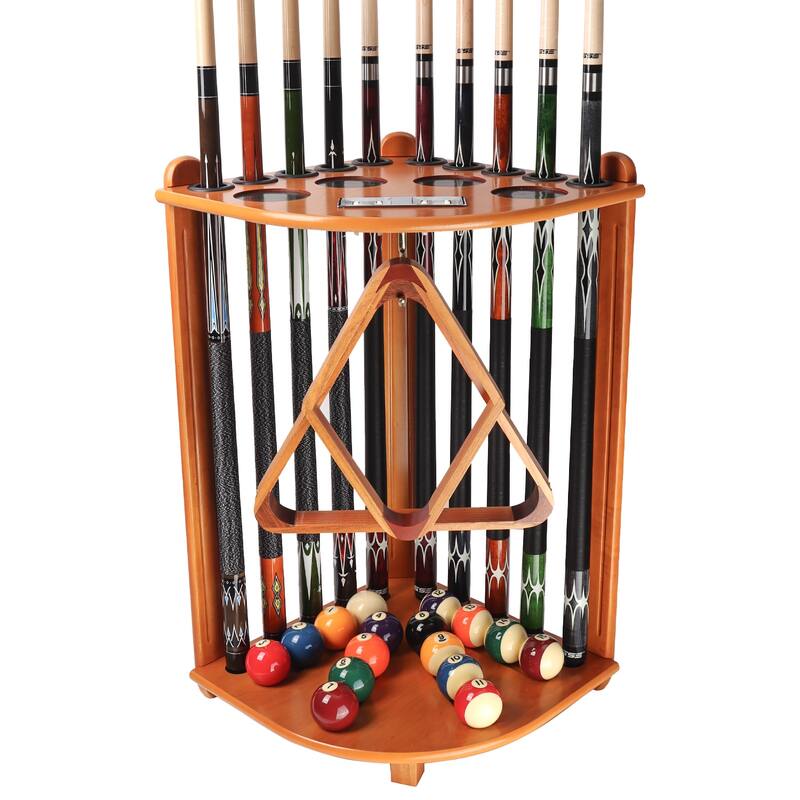 GSE™ 10-Pool Cue Wooden Corner-Style Billiard Pool Cue Rack. Floor Stand Pool Cue Stick Holder - Oak