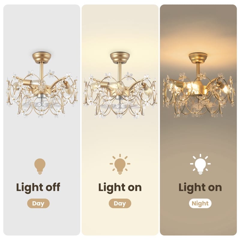 21 in. Indoor Golden Flower Crystal Ceiling Fan with Light, Ceiling Fans with Light and Remote, Flower Fandelier for Bedroom