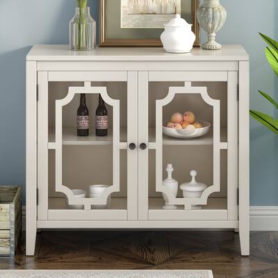 Mieres Mid-Century Modern Style Accent Cabinet with 2 Tempered Glass Doors, Solid Wood Frame and Adjustable Shelf