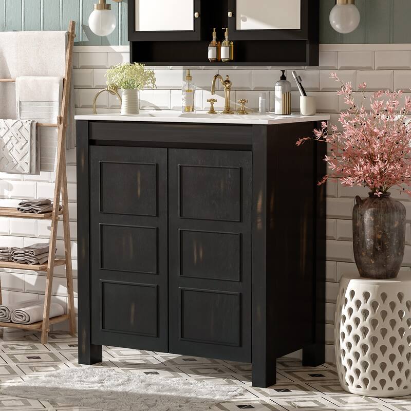 30" Rustic Bathroom Vanity with Ceramic Sink, Soft-Close Doors & Adjustable Shelf, Espresso Storage Cabinet, Modern Wood Frame