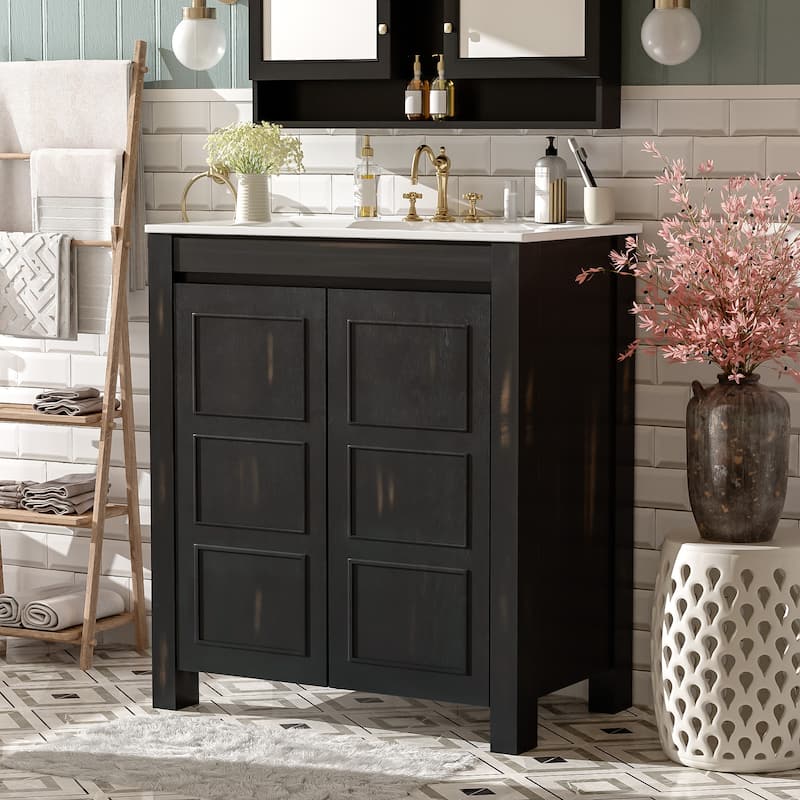 Center Rectangular Ceramic Sink Bathroom Vanity Cabinet with Adjustable Shelf, 30 Inch
