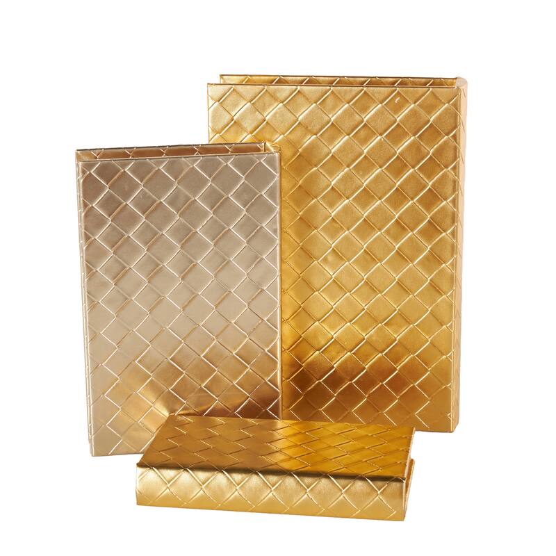 Faux Leather Geometric Metallic Textured Diamond Faux Book Storage Box - Set of 3 Gold - Roche River Decor