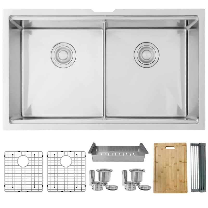 Stylish Undermount 32" Stainless Steel Double-Bowl 16G Kitchen Sink - 32" x 19" x 10"