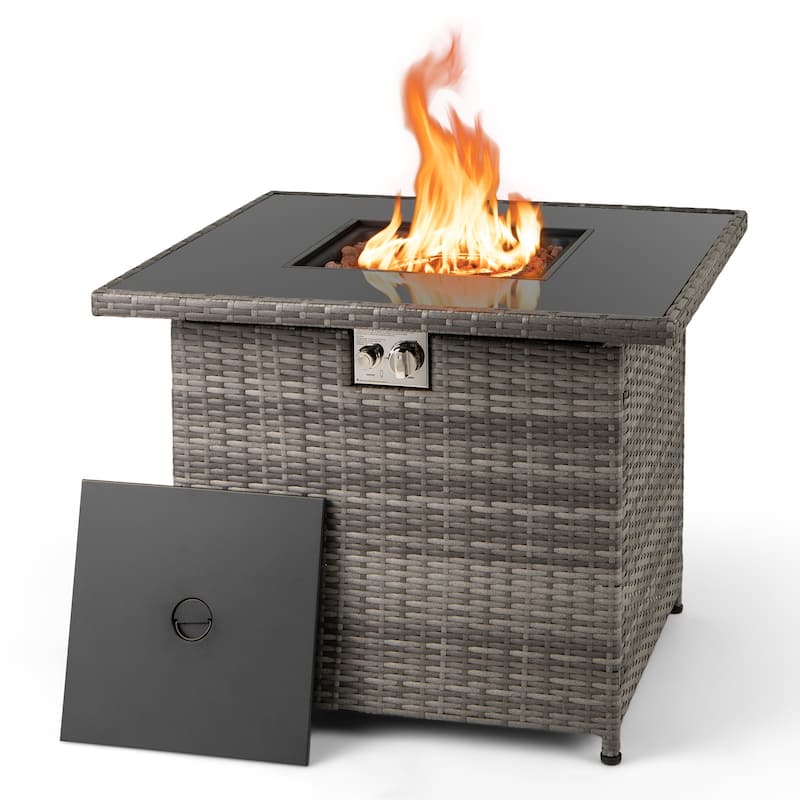 Costway 32.5" Propane Fire Pit Table Outdoor Wicker Gas Firepit with - See Details - Grey