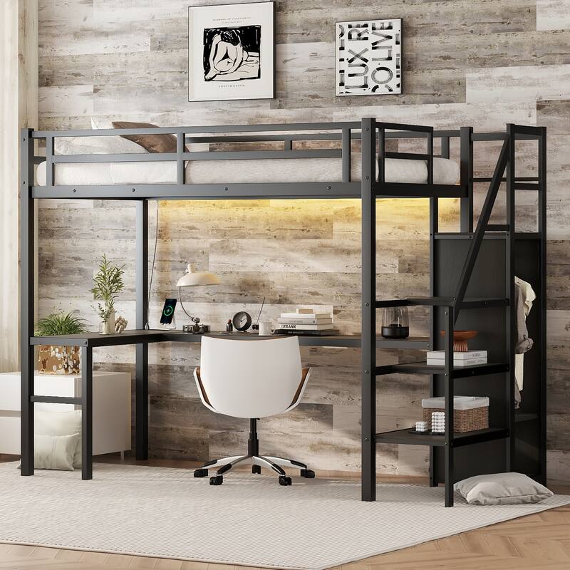 Twin XL Metal Loft Bed with L-shaped Desk, Wardrobe, USB, and LED Lights for Kids, Teens, and Adults