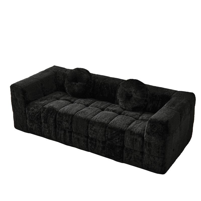 84.6-inch Modern Boneless Couch with Two Circular throw pillows, Skin-friendly lychee-textured long-pile polyester fabric