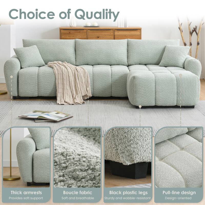 110" Modular L-Sectional - Boucle Fabric, Pull-Line Design, Movable Ottoman, 3 Color Options
