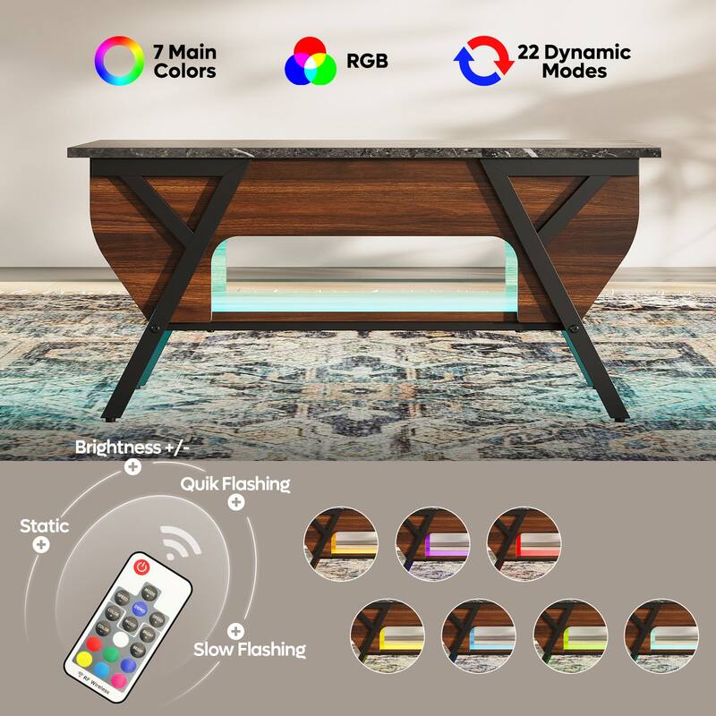 Lift-Top Coffee Table with LED Light and Storage Shelf