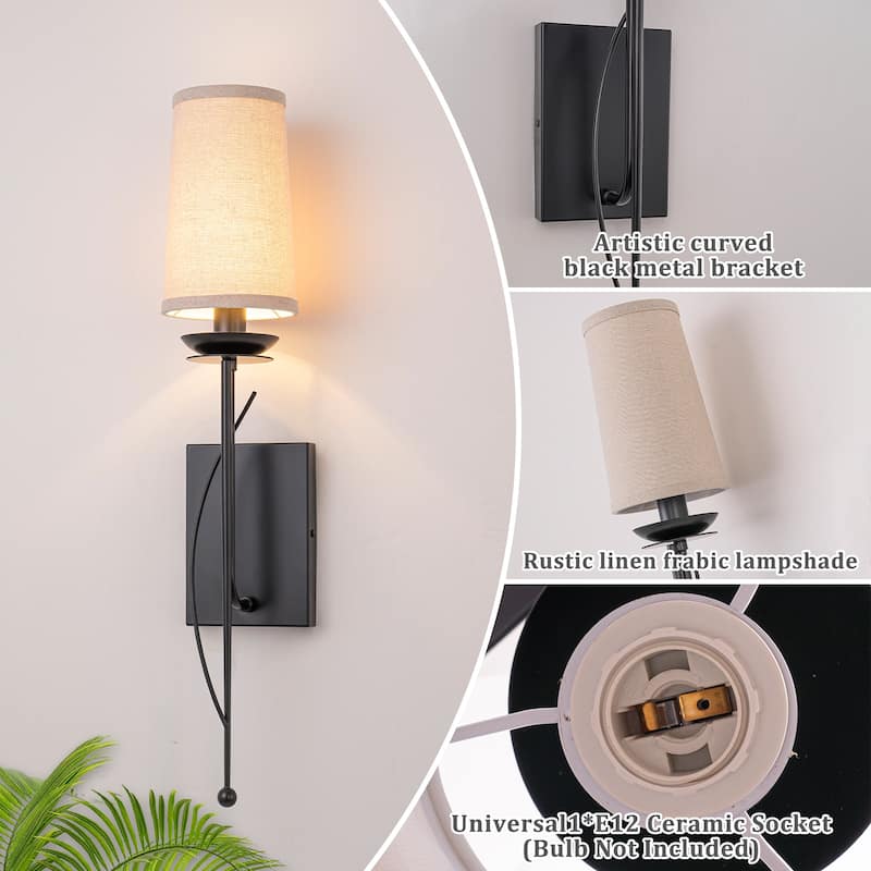 1-Light Matte Black Metal Wall Sconce Cone-Shaped Beige Linen Shade