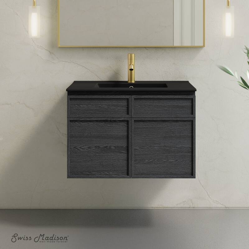 St. Tropez 30" Wall-Mounted Bathroom Vanity In Black Oak With Black Sink Top - 30